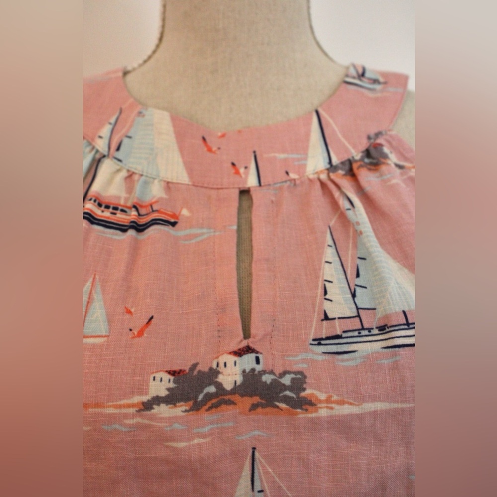 St. Tropez 100% Linen Pink White Sailboat Print Sleeveless Dress XS - Picture 4 of 14